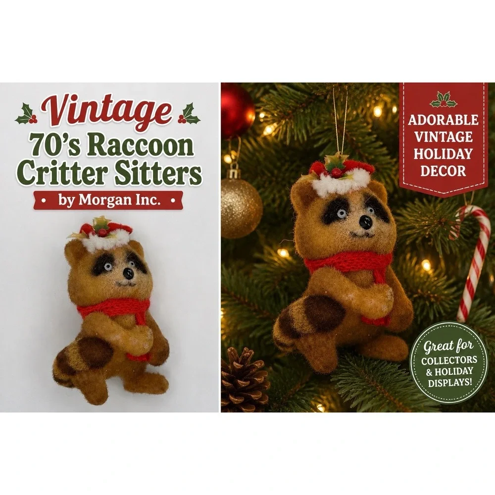 Vintage Flocked Raccoon Critter Sitters by Morgan Inc. Christmas Ornament 1970's